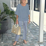 Blue Striped Round Neck 3/4 Sleeve Two Piece Set