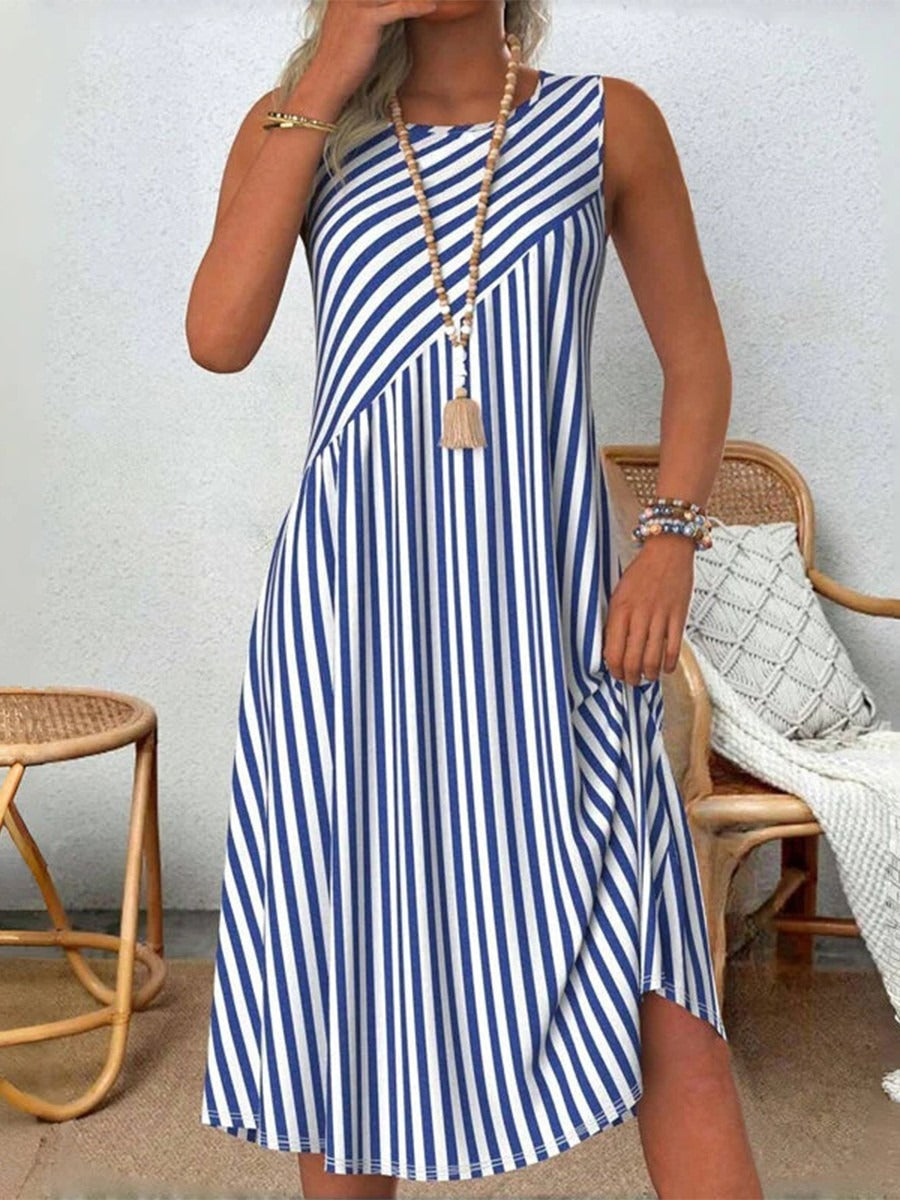White-Blue Striped Round Neck Sleeveless Midi Dress– CURVECOMFY