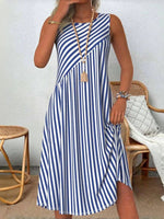 White-Blue Striped Round Neck Sleeveless Midi Dress