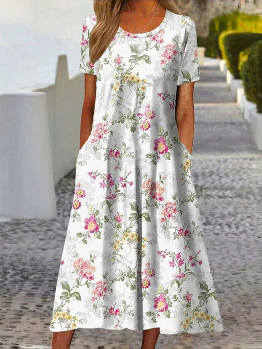 Floral Print Round Neck Short Sleeve Midi Dress