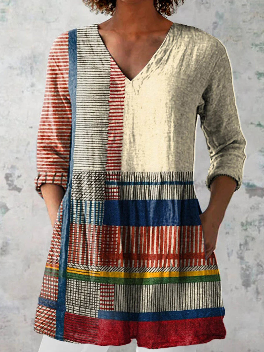 Abstract Geometric Pattern Art Print Casual V-neck 3/4 Sleeve Blouse