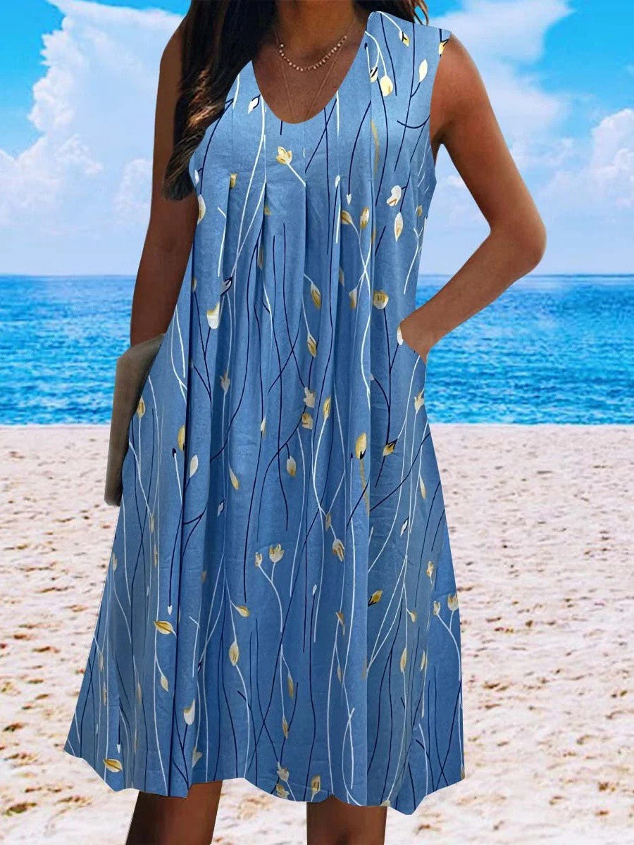 Sleeveless Scoop Neck Graphic Floral Printed Midi Dress