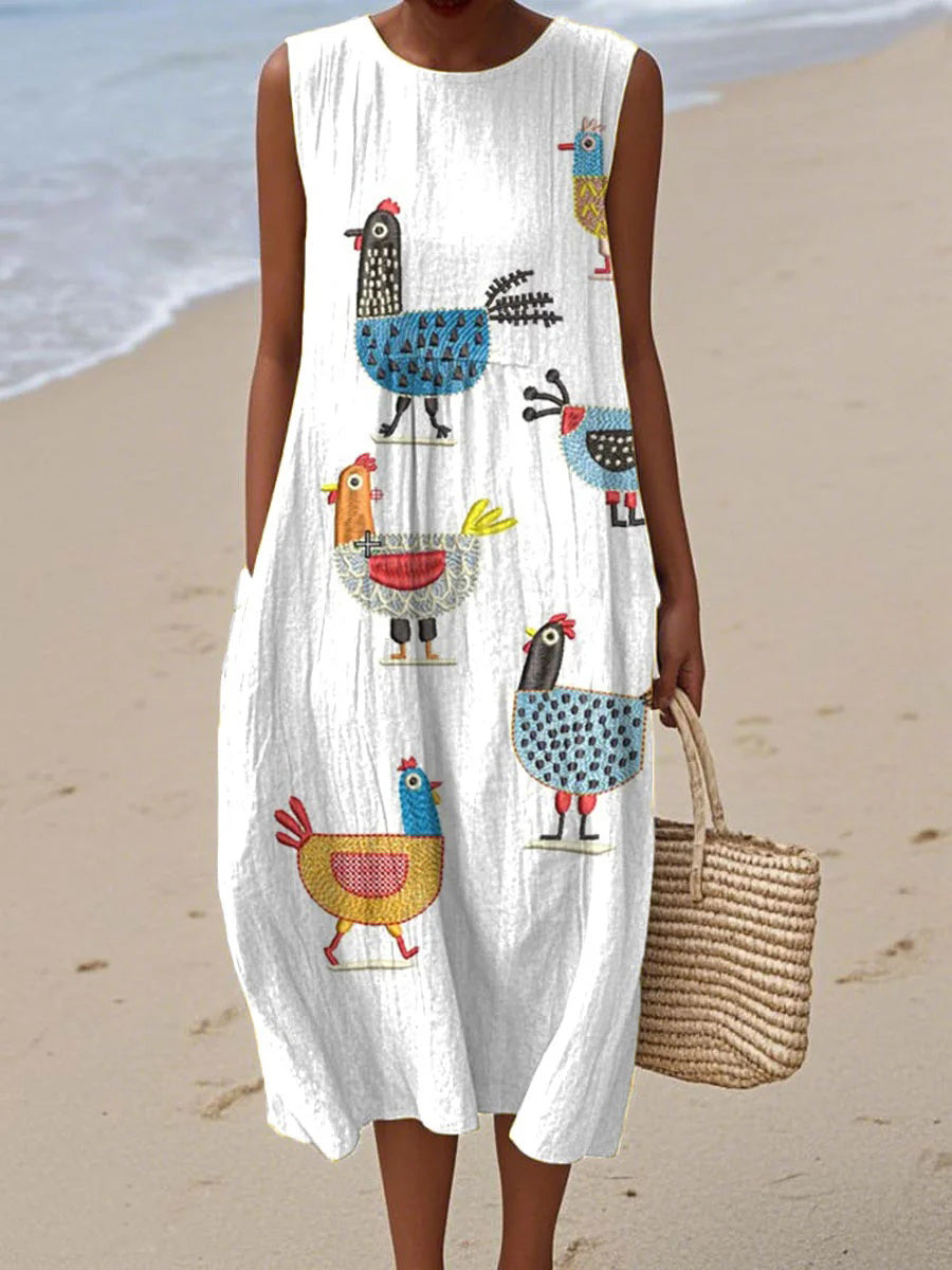 Funny Vintage Chicken Art Print Crew Neck Sleeveless Dress