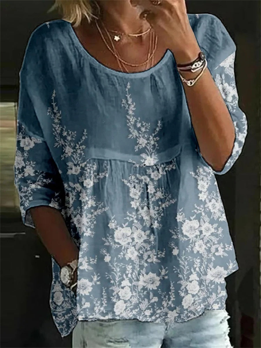 Retro Floral Print Round Neck Long Sleeve Tops
