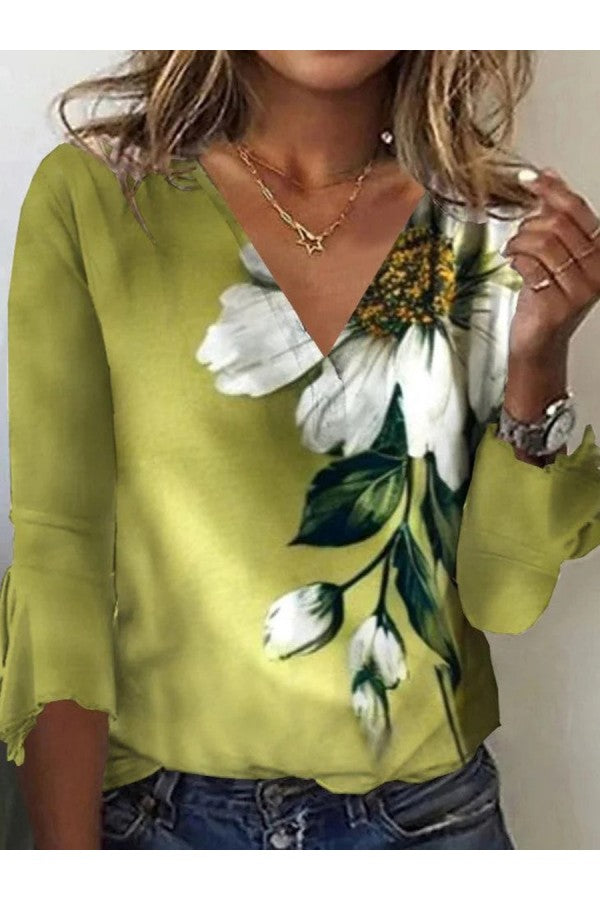 Fresh Green Floral Print V-neck 3/4 Sleeve Tops