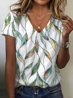 Leaf Print V-neck Short Sleeve Casual T-shirt