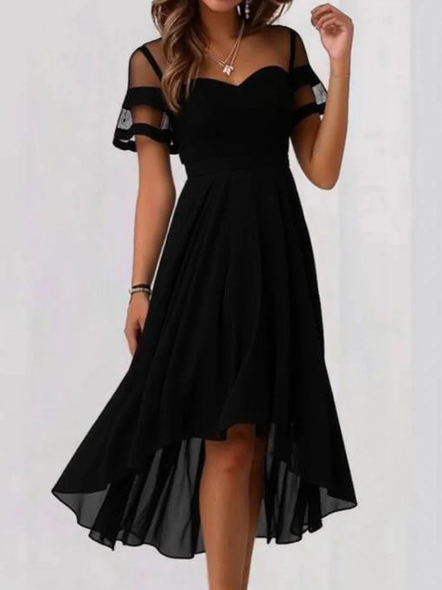 Black Mesh Patchwork Short Sleeve Elegant Party Midi Dress