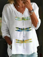 White Dragonfly Print Lace Edge V-neck 3/4 Sleeve Casual Blouse