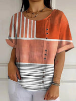 Color Block Stripe Print Round Neck Short Sleeve Buttons Casual Blouse