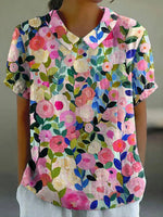 Colourful Floral Print Lapel Short Sleeve Casual Blouse