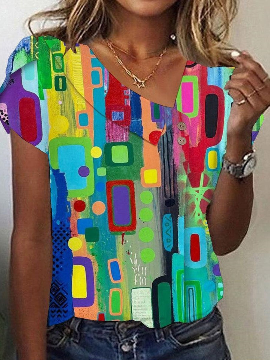 Abstract Print Asymmetric Neck Short Sleeve Casual T-shirt