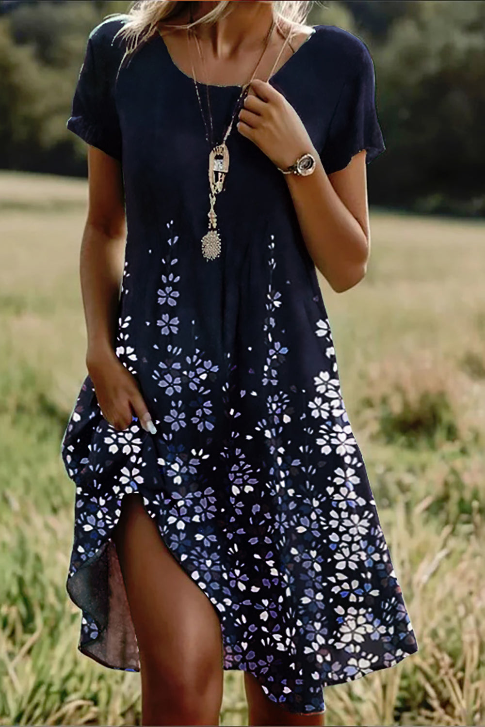 Floral Round Neck Short Sleeve Navy Comfy Midi Dress