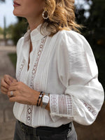 Pure White Stand Collar Hollow Out Long Sleeve Cotton Shirt