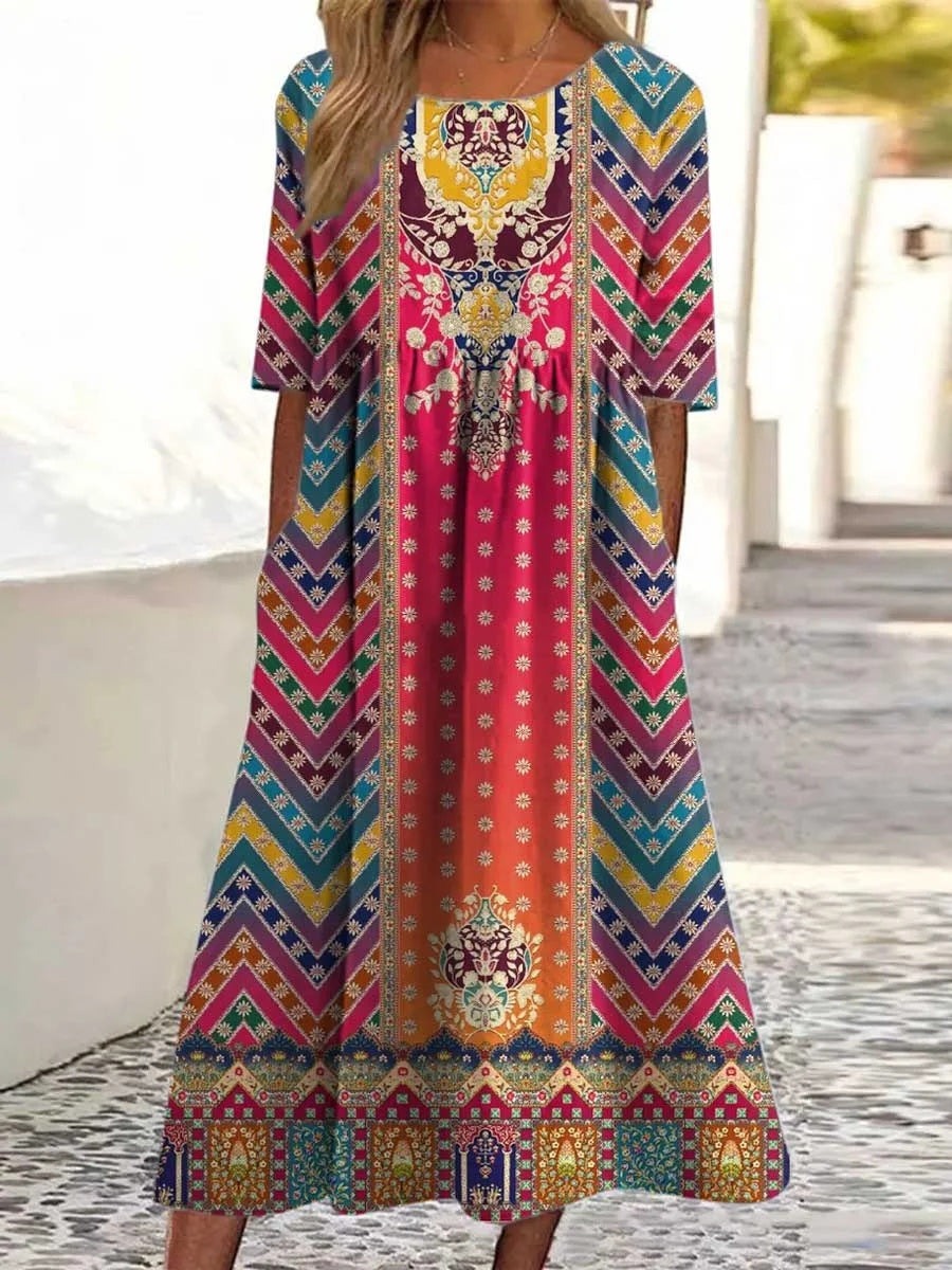Vintage Ethnic Art Print Round Neck Half Sleeve Pocket Maxi Dress