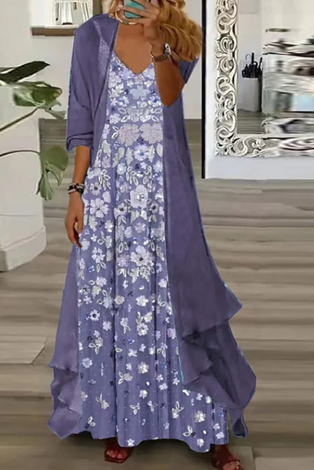 Floral V-neck Maxi Dress with 3/4 Sleeve Lightweight Long Coat Two-Piece Set