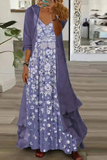 Floral V-neck Maxi Dress with 3/4 Sleeve Lightweight Long Coat Two-Piece Set