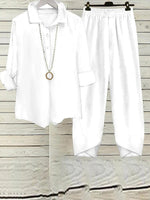 White Plain Round Neck Long Sleeve Two Piece Set