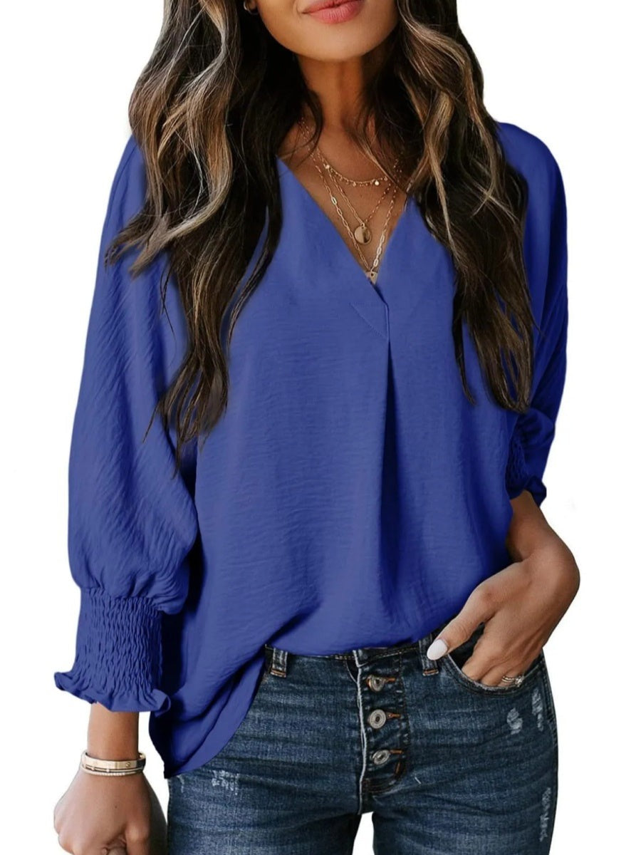 Solid Color V Neck Long Sleeve Loose Blouse