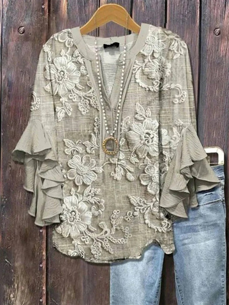Floral Print V-neck Ruffle Half Sleeve Loose Casual Blouse