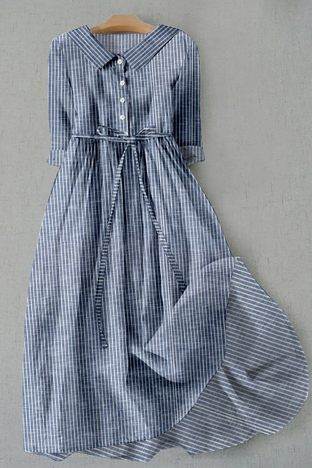 Stripe Print Lapel Half Sleeve Buttons Casual Comfy Midi Dress