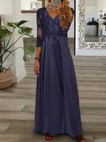 Solid Color V-Neck Lace Long Sleeve Elegant Maxi Dress