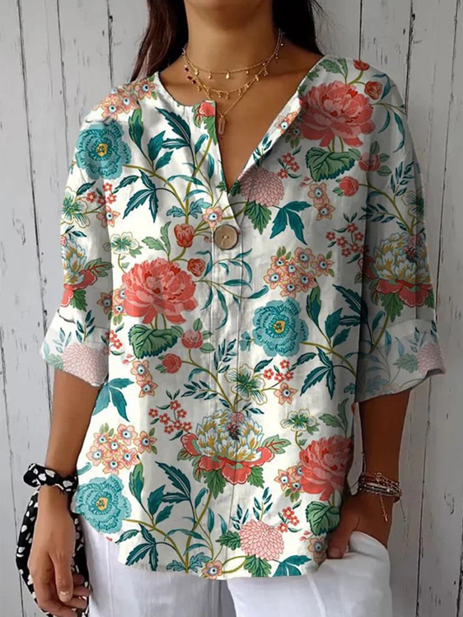 Floral Print V-neck 3/4 Sleeve Casual Loose Shirt