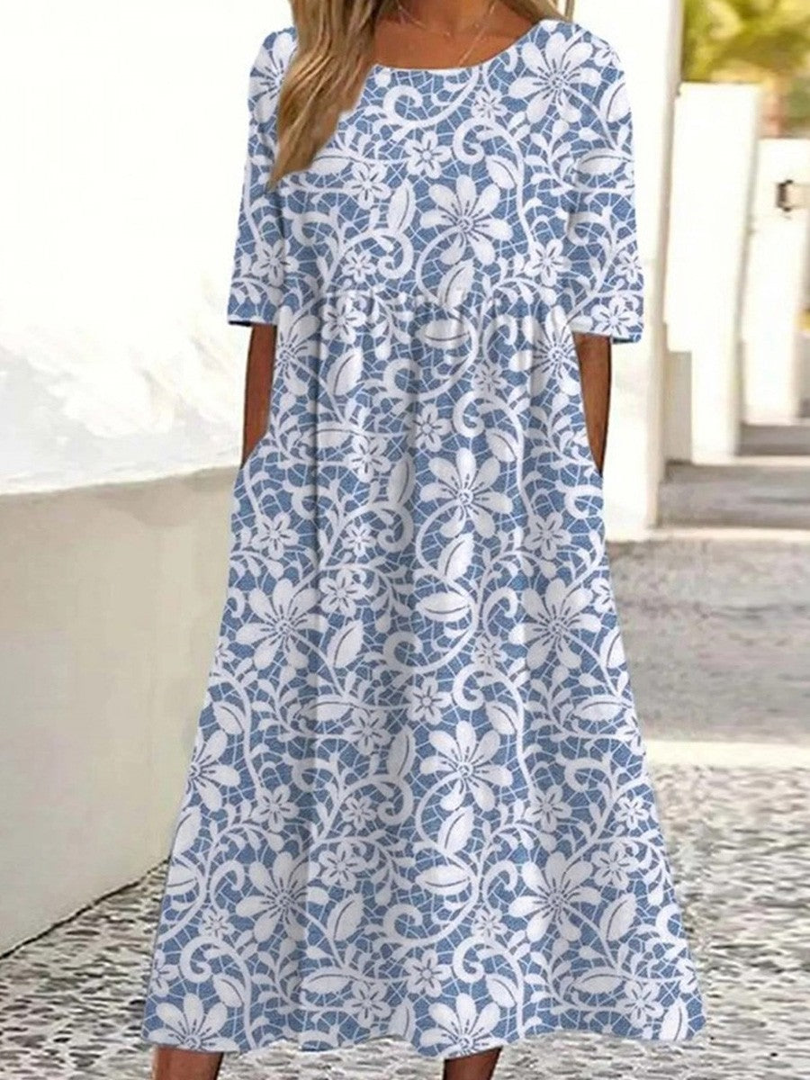 Floral Print Crew Neck Short Sleeve Side Pocket Loose Midi Dress