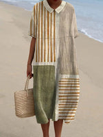 Color Block Stripe Print Lapel Short Sleeve Casual Midi Dress