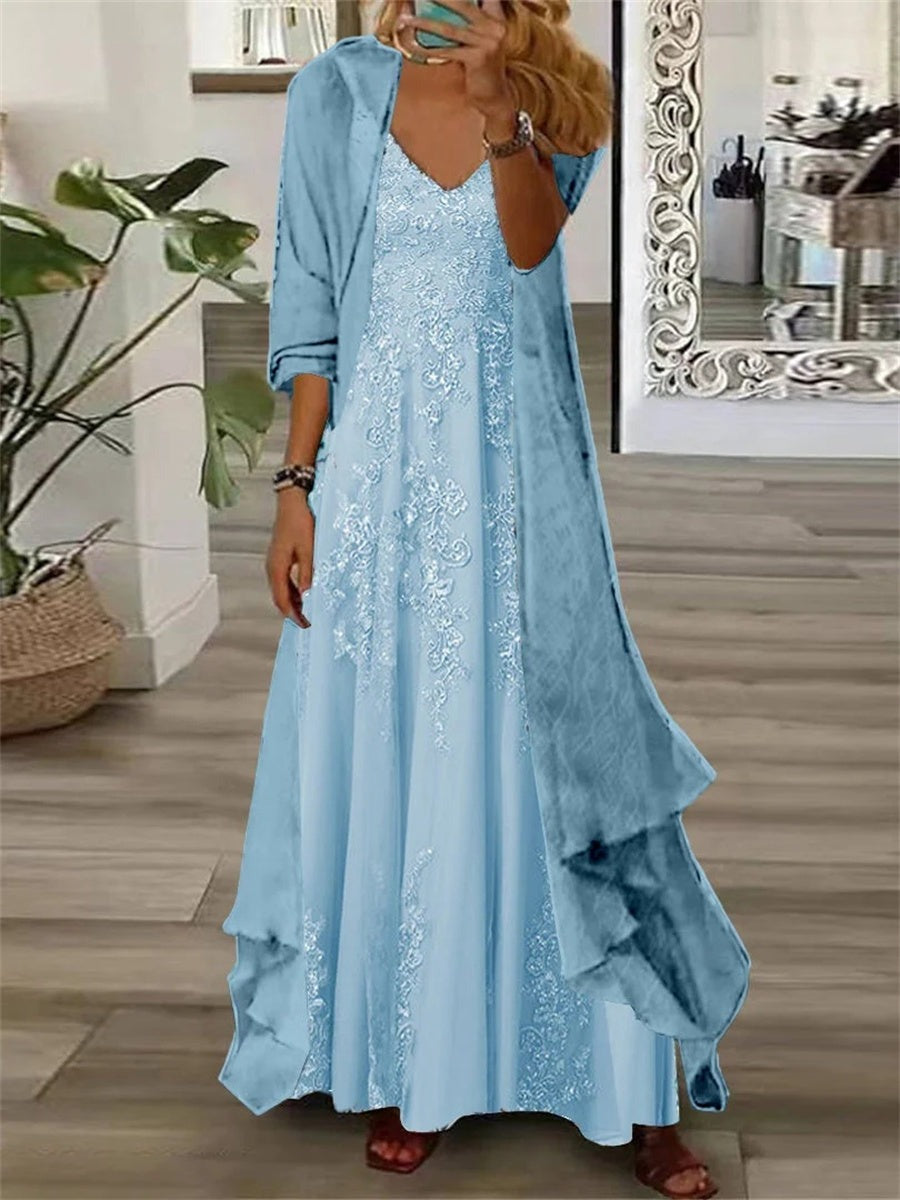 Floral V-Neck Sleeveless Maxi Dress with Solid Color Lightweight Long Sleeve Jacket Two-Piece Set
