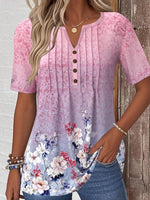 Sweet Pink Floral Print V-neck Short Sleeve Casual T-shirt
