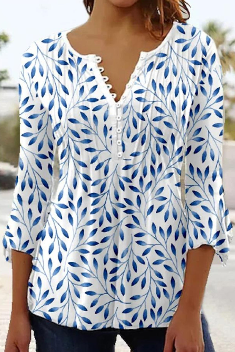 Leaf Print V Neck 3/4 Sleeve Buttons Casual Comfy Blouse
