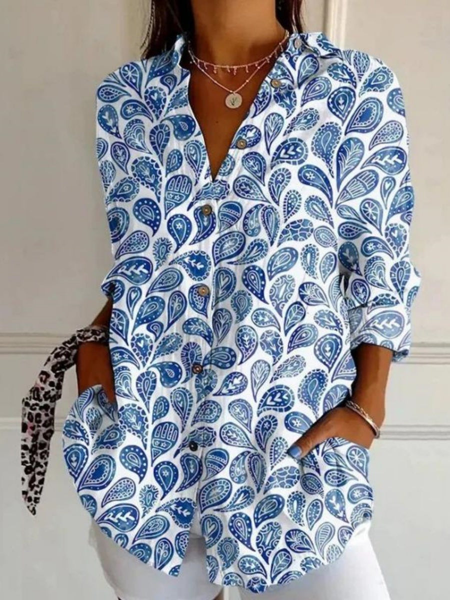 Vintage Ethnic Art Print Lapel Long Sleeve Loose Blouse