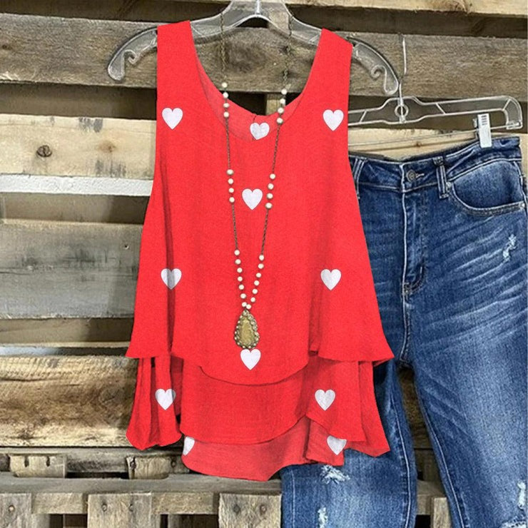 Heart Print V-neck Sleeveless Layered Hem Casual Tank Top