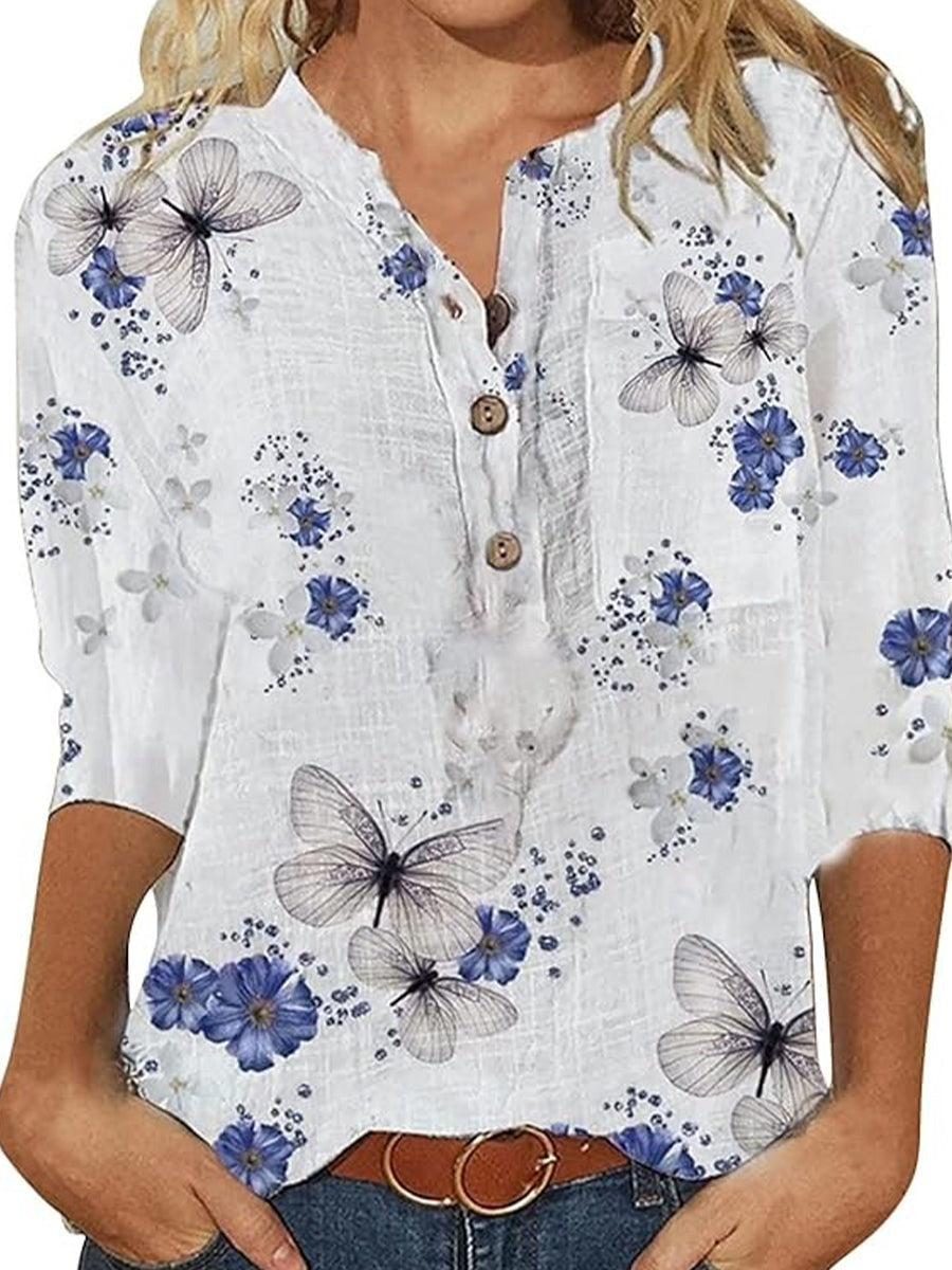 Floral and Butterfly Print V-neck 3/4 Sleeve Casual Blouse