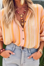 Stripe Print Shirt Collar Long Sleeve Button Casual Blouse