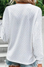 Solid Color Button V Neck Long Sleeve Hollow Out Casual Blouse