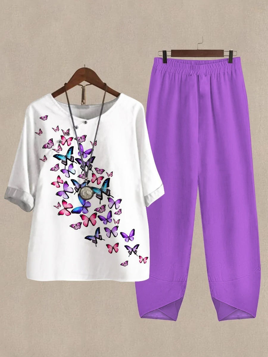 Butterfly Print Round Neck Half Sleeve Blouse and Purple Loose Pants Casual Two Piece Sets