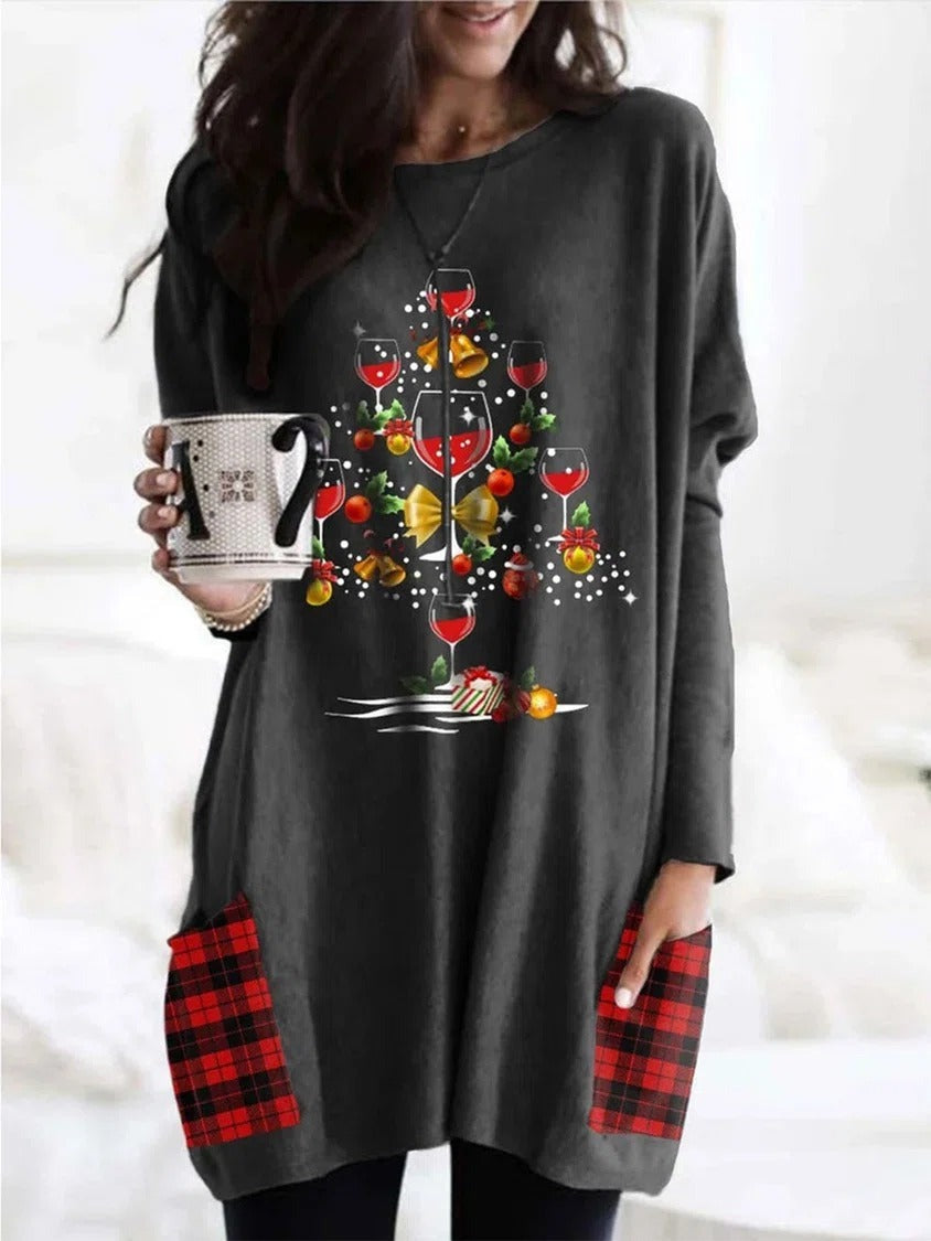 Christmas Wine Glass Print Daily Long Sleeves Sweatshirt