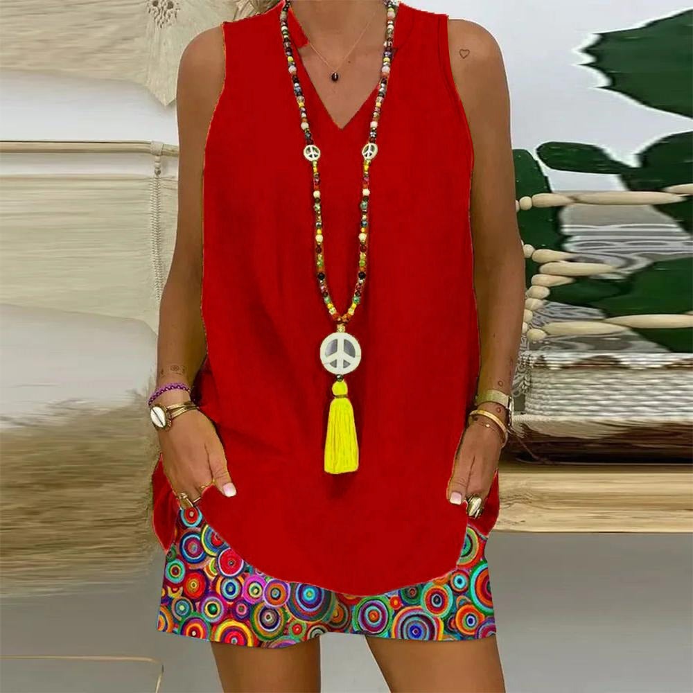 Pure Red V-neck Sleeveless Two Piece Set