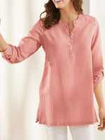 Pink Stand Collar V-neck Long Sleeve Solid with Buttons Blouse