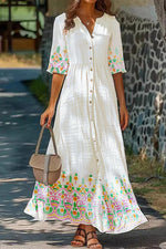 Boho Romantic Buttoned V-neck Short Sleeve Maxi Dress