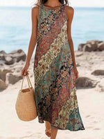 Vintage Ethnic Print Round Neck Sleeveless Midi Dress