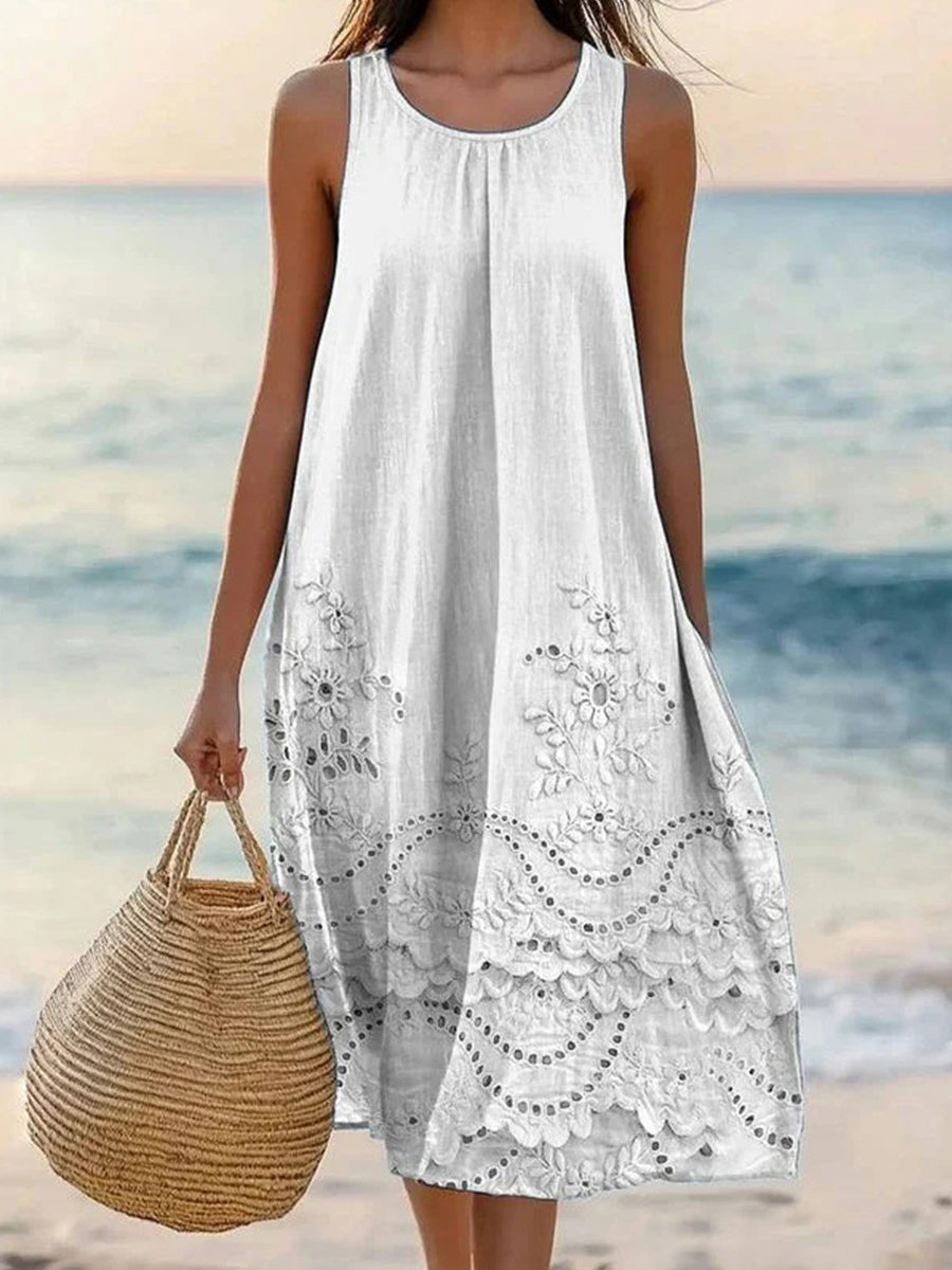 Solid Color Floral Round Neck Sleeveless Casual White Midi Dress