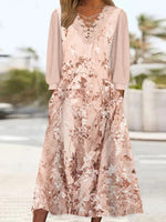 Floral Print Lace Stitching V-neck Long Sleeve Side Pocket Loose Casual Midi Dress