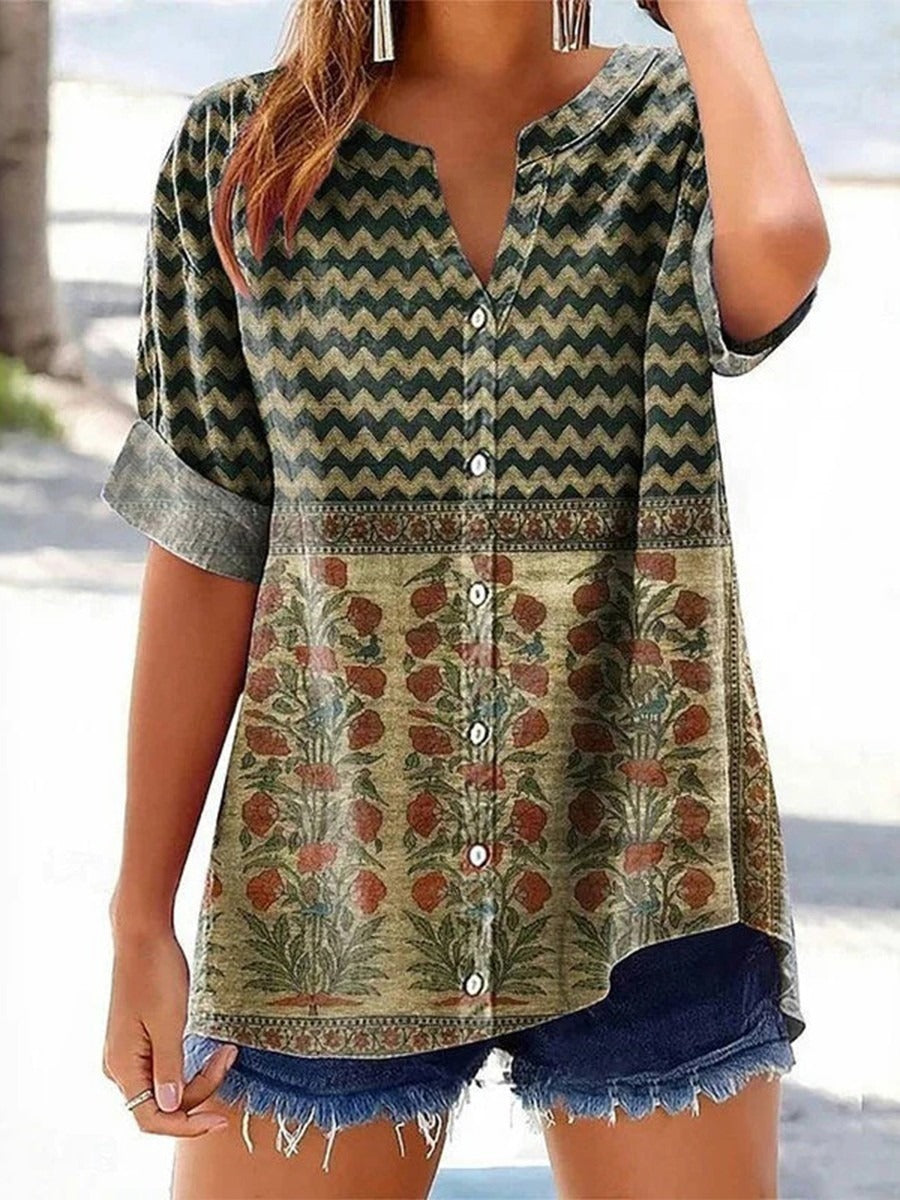 Vintage V-neck Short Sleeve Blouse