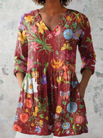 Casual Floral Print V-neck 3/4 Sleeve Tops