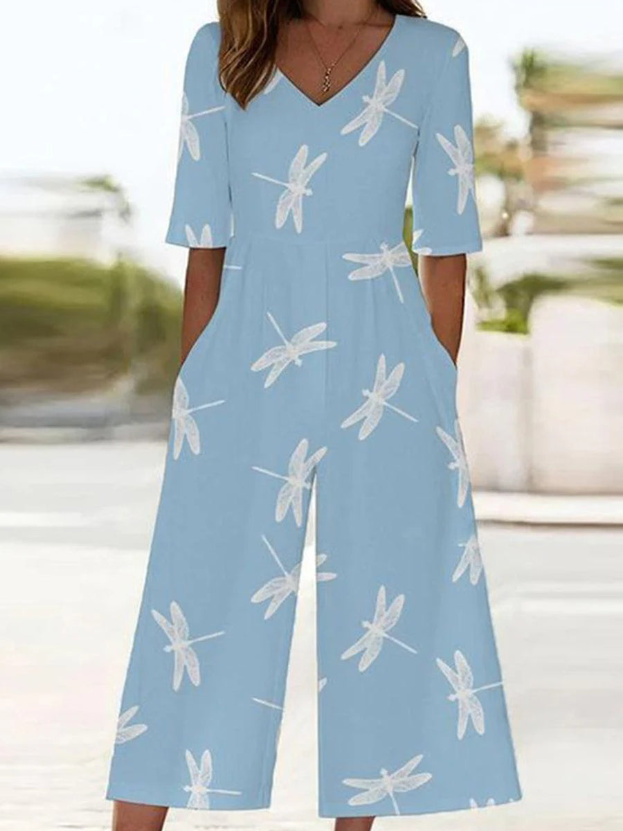 Breezy Blue V-neck Short Sleeve Jumpsuit