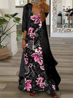 Floral Print Sleeveless V-Neck Maxi Dress with Black Lightweight Cardigan-Two Piece Set