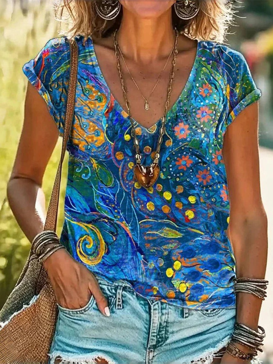 Abstract Print V-neck Short Sleeve Casual T-Shirt