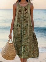 Vintage Ethnic Art Print Round Neck Sleeveless Comfy Maxi Dress
